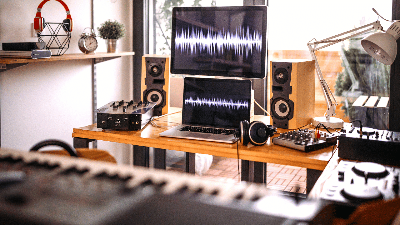 A home studio setup for recording, editing, and mixing music.