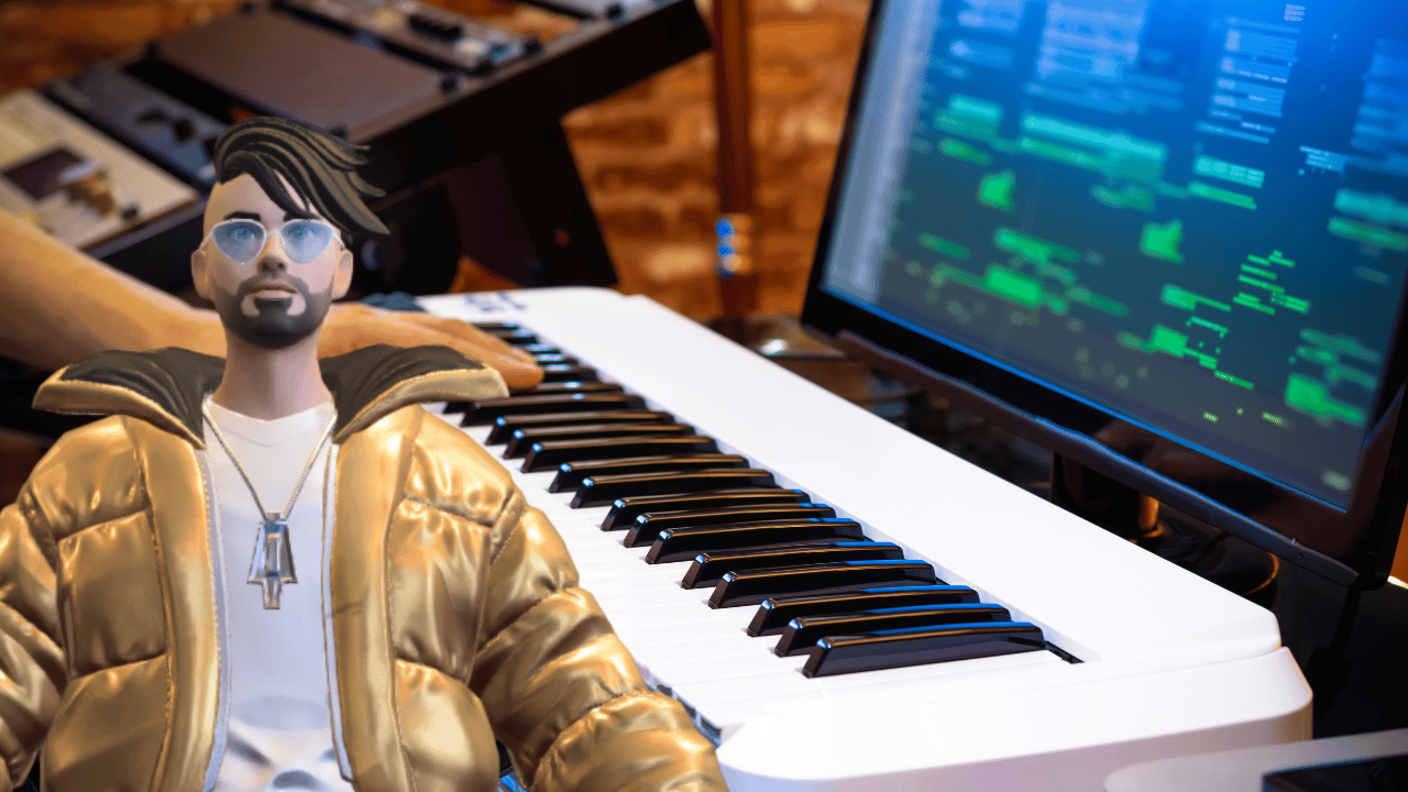 A music maker takes an online music production course with a DAW and MIDI keyboard