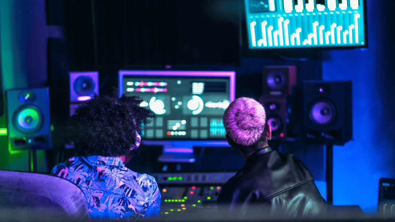 Music producers and beatmakers producing songs in a recording studio with a DAW